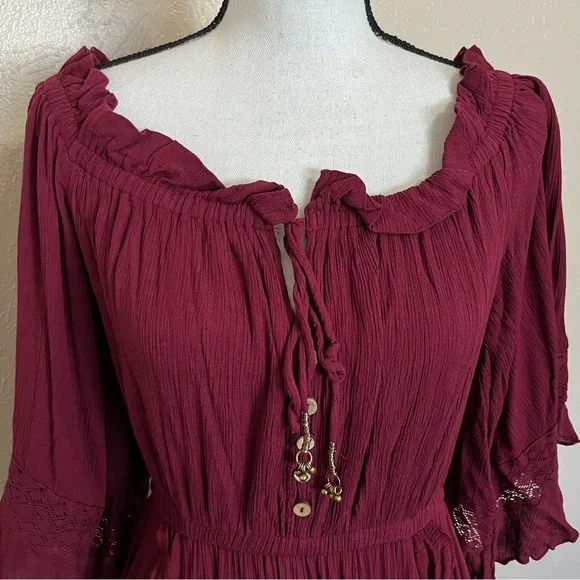 SOLD E Free People Endless Summer Beach Bliss Off Shoulder Maroon Maxi Dress - Picture 8 of 16